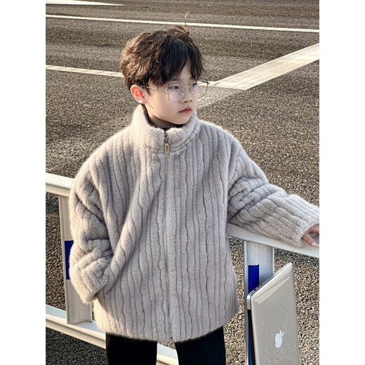 Burwilde International Brand Boys' Imitation Fur Jacket Western Style Thickened Warm Children's Fur Coat Winter Style Imitation Mink Light Gray 90