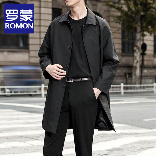 ROMON retro simple windbreaker men's mid-length single-breasted autumn and winter Korean coat business casual jacket for young and middle-aged men, military green XL