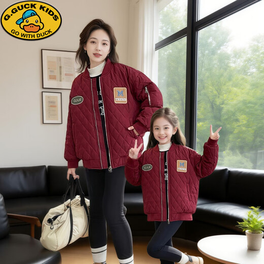 G.duck family of three and four family wear 2025 winter new parent-child wear American casual loose cotton coat jacket mother and daughter wear red 130 children's wear