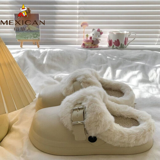 Scarecrow Genuine Leather Cashmere Plush Cotton Slippers Women's Outerwear 2026 Autumn and Winter New Thick Soled Shoes Baotou Half Slippers Beige 36