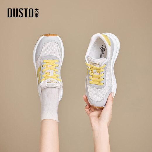 Dusto Dadong sports casual shoes women's shoes spring new flat mid-heel lace-up round toe material collage C1341 beige 35