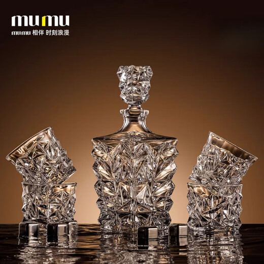 MUMU European light luxury whiskey glass, ice cracked wine bottle gift box set, wine set, household decanter, Yuandu Oxford wine bottle set, cup + 1 wine bottle + gift box 6 pcs