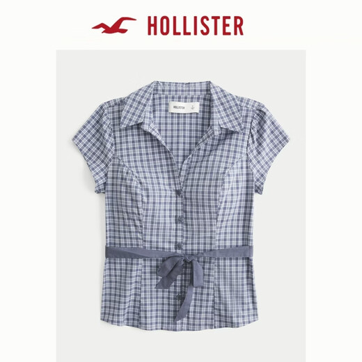 HOLLISTER American waist lace-up slim fit inner short-sleeved shirt 26 spring new women's clothing 340-6070 blue plaid M (165/88A)