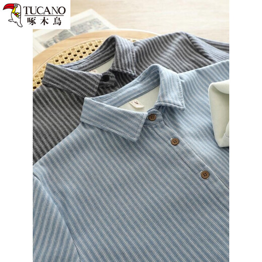 Woodpecker velvet thickened striped shirt for women 2025 autumn and winter new loose and versatile simple all-in-one velvet warm shirt blue striped plus velvet winter plus velvet S 80-110Jin Jin equals 0.5 kg