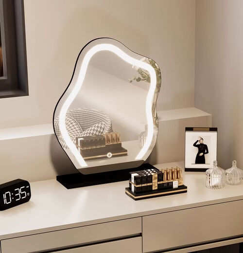 Nordic round LED dressing mirror smart light-emitting three-color adjustable dressing table desktop makeup mirror supplementary light beauty mirror 45 cm gold rotatable smart mirror