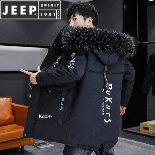 JEEP SPIRIT velvet thickened windbreaker men's winter parka mid-length jacket cotton coat cool and handsome jacket black red 1905 with fur collar M 80-100Jin Jin equals about 0.5 kg
