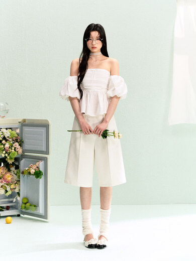 LA LUNE DU CIEL French white tube top with flower buds, waisted short-sleeved top for women, summer simple and elegant shirt, size S