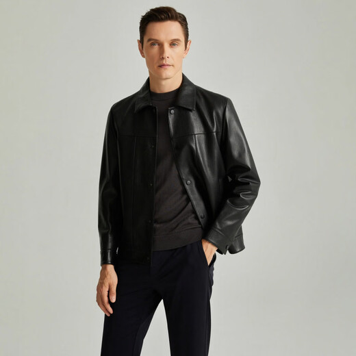 SATCHI lapel solid color single-breasted business casual commuting comfortable soft leather jacket men's black black one size 52