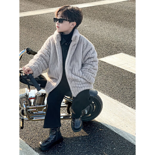 Burwilde International Brand Boys' Imitation Fur Jacket Western Style Thickened Warm Children's Fur Coat Winter Style Imitation Mink Light Gray 90
