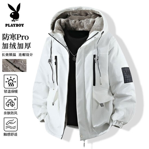 Playboy (PLAYBOY) cotton coat men's winter velvet thickened jacket men's loose casual cotton coat trendy tops feather puffer jacket black XL recommended 130-150Jin Jin equals 0.5 kg