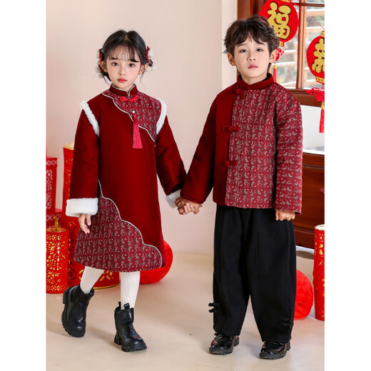 Disney New Year's greetings suit for boys, Tang suit, new Chinese style winter children's Chinese New Year, female cheongsam, kindergarten, New Year's Day children's performance clothing, new Chinese style long-sleeved cotton jacket + woolen pants 100 cm loose fit, don't be too big