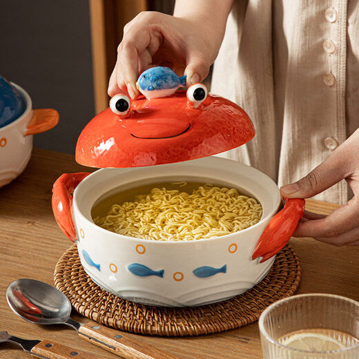 Beyou Ocean Crab Instant Noodle Bowl Large Capacity Double-Ear Soup Bowl with Cover Mobile Phone Holder Instant Noodle Bowl Ocean Instant Noodle Bowl-Crab