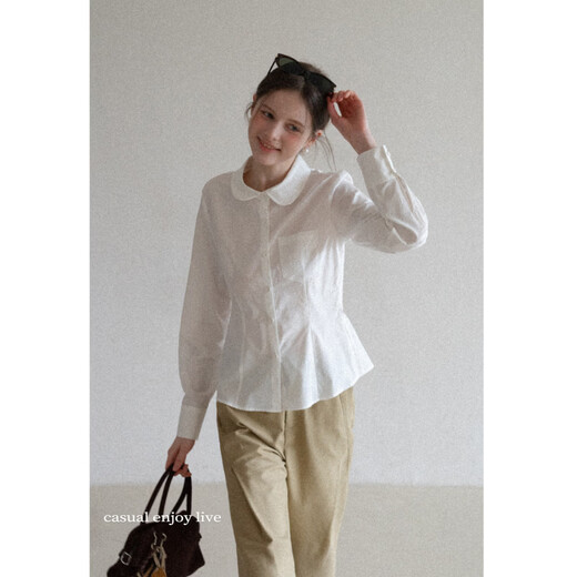 EGGKA temperament lapel waist design slimming simple long-sleeved shirt E26A60116YM Blue Check M