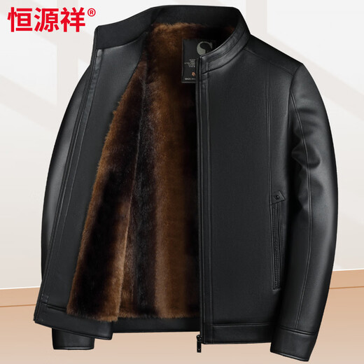 Hengyuanxiang middle-aged and elderly thickened velvet men's leather jacket with stand collar middle-aged warm leather jacket dad's jacket jacket black L recommended 110-125 Jin Jin equals 0.5 kg