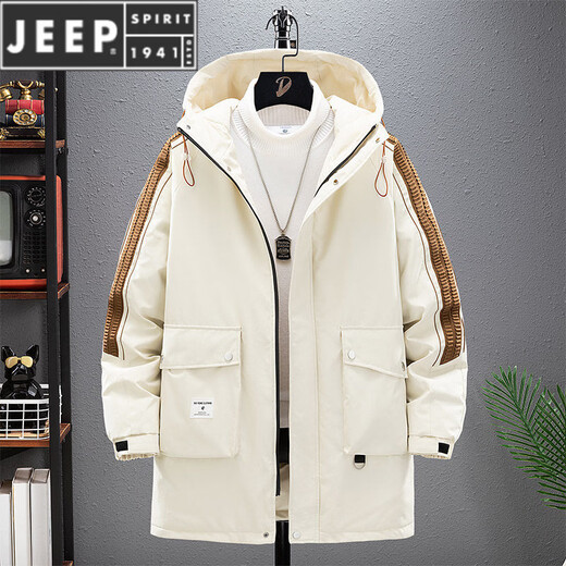 JEEP SPIRIT Workwear Down Jacket Men's Medium Long Winter Fat Plus Size Loose Hooded Jacket Plus Velvet Thickened Winter Clothes 2620 Olive Green L
