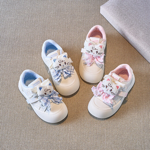 ABJA non-slip girls' velvet warm cotton shoes 2025 winter new cartoon cat bow soft bottom bread shoes pink 32