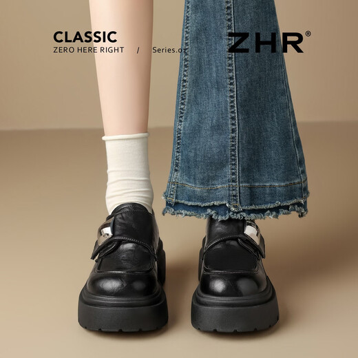 ZHR is high-heeled loafers for women, college-style thick-soled single shoes, new Velcro slip-on leather shoes KN286 black 37