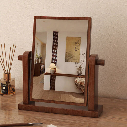 Desktop makeup mirror desktop makeup large round mirror dormitory bedroom portable princess mirror simple solid wood makeup table mirror walnut color small size 20cm-solid wood mirror