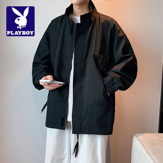 Playboy (PLAYBOY) Spring Jacket Men's Zipper Stand Collar Loose Trendy Casual Solid Color Versatile Windproof Spring and Autumn Men's Jacket Hoodless Black S