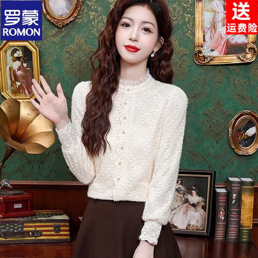 ROMON velvet thickened French lace shirt for women 2026 autumn and winter new style long-sleeved shirt bottoming shirt for women apricot regular style 2XL recommended 128-138Jin Jin equals 0.5 kg