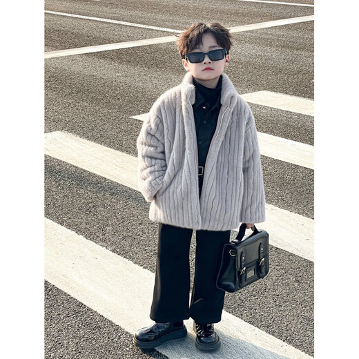 Burwilde International Brand Boys' Imitation Fur Jacket Western Style Thickened Warm Children's Fur Coat Winter Style Imitation Mink Light Gray 90