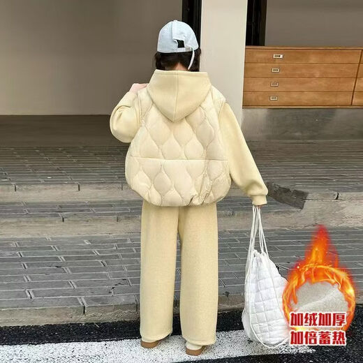 New product 2025 plus velvet and thickening for middle and large children and girls solid color western style internet celebrity Korean style loose vest and sweatshirt three-piece set wide-legged purple three-piece - vest-sweatshirt-pants 110 #