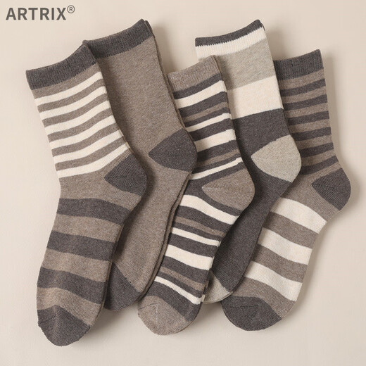 Brown terry women's autumn and winter socks for women, mid-length warm mid-length adult plus velvet thickened winter towel, brown strips, one size fits all, 10 pairs (women's size 35+40)