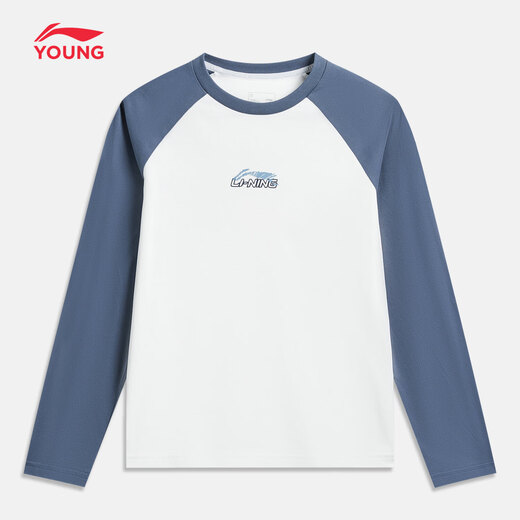 Li Ning Spring Boys' Tops 2026 New Youth Trend Raglan Long Sleeve Children's Round Neck Pullover Children's Clothing White/Gray Indigo/Gray Indigo 165 cm