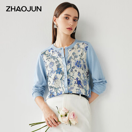 Zhaojun Spring and Summer Mulberry Silk Chinese Style Printed Sweater Women's Round Neck Long Sleeve Cardigan Thin Top Xinghai Blue L