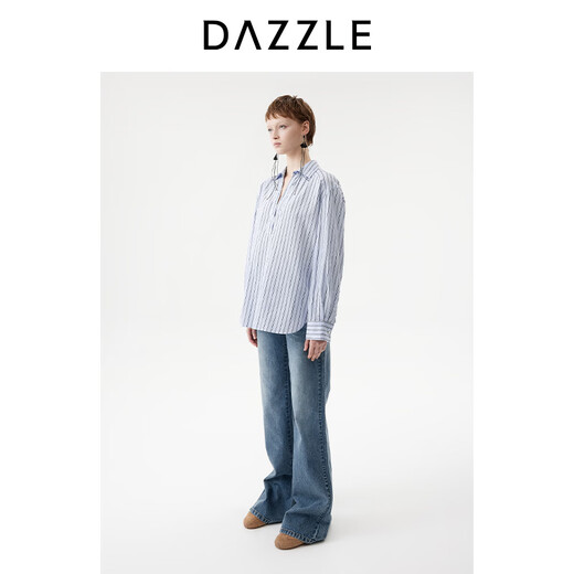 DAZZLE long-sleeved shirt 2026 spring cotton blended long-sleeved top for women light blue XS