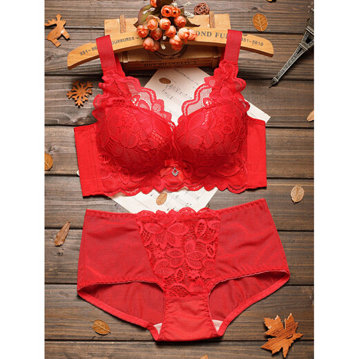 Triumph (Triumph) Spring Festival and Christmas festive bright red underwear for women without steel ring side breast bra sexy lace push-up bra dark gray suit 75C 75C 34 thin section