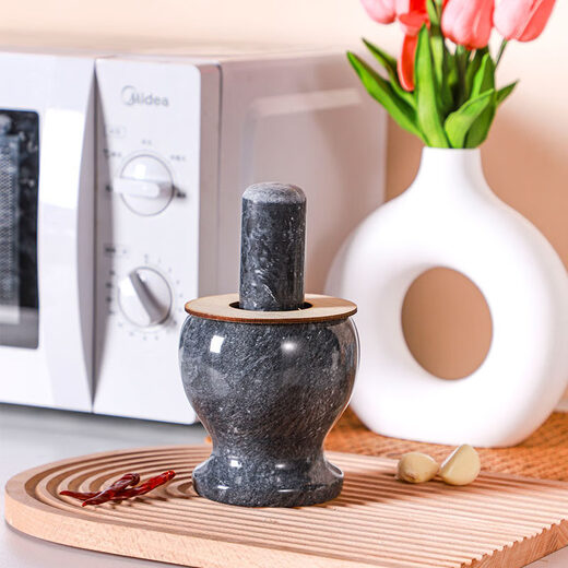 Tuojin natural jade garlic press stone mortar garlic mortar traditional old-fashioned household manual grinding raw stone garlic mortar 11 cm diameter calm black, tank + stone hammer + lid