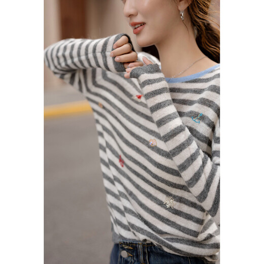 Demana sheep wool spring intellectual college striped beaded embroidered sweater off-shoulder petite women's sweater
