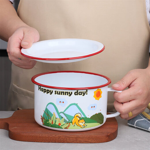 Tuojin German imported quality thickened enamel fast food cup with lid instant noodle bowl student dormitory large bowl cartoon lunch box food white 15CM_thick red edge meal cup (customizable LOGO)