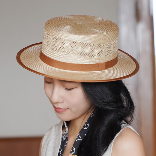 JOLISAC high-end handmade first-grade F linen French retro flat-top straw hat for men and women hollow braided flower flat brim sunshade British hat herbal color adjustable