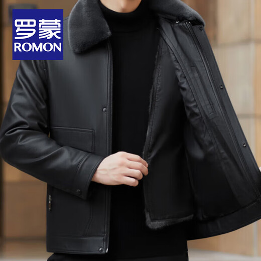 ROMON fur integrated men's leather jacket autumn and winter new style detachable fur collar liner jacket high-end plush leather jacket A32 coffee color (removable liner and fur collar) XL /180