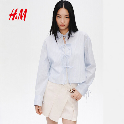 H&M 2026 Spring New Women's Front Tie-Up Poplin Shirt 1327619 Light Blue/Stripes XS 155/80
