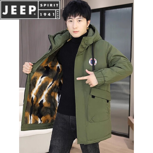 JEEP SPIRIT parka men's winter jacket plus velvet and thickened mid-length windproof jacket trendy winter warm cotton jacket for men 2801 black plus velvet and thickened XL 125-140Jin Jin is equal to 0.5 kg