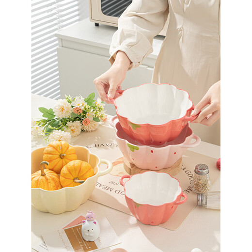 Tuojin Strawberry Cute Double-Eared Instant Noodle Bowl Children's Personal Ceramic Soup Bowl Fruit Princess Rice Bowl Pumpkin Bowl Pink 6.5-inch Double-Eared Bowl