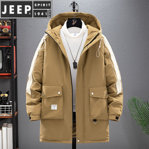 JEEP SPIRIT Workwear Down Jacket Men's Medium Long Winter Fat Plus Size Loose Hooded Jacket Plus Velvet Thickened Winter Clothes 2620 Olive Green L