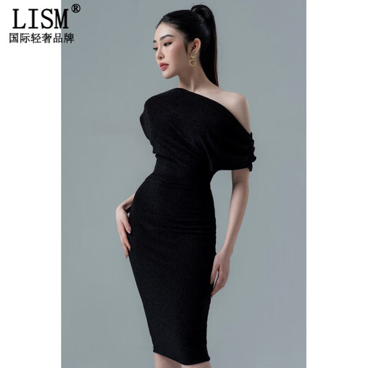 LISM designer international light luxury brand asymmetric off-shoulder sexy sparkling silk black elegant hip-hugging dress skirt black S