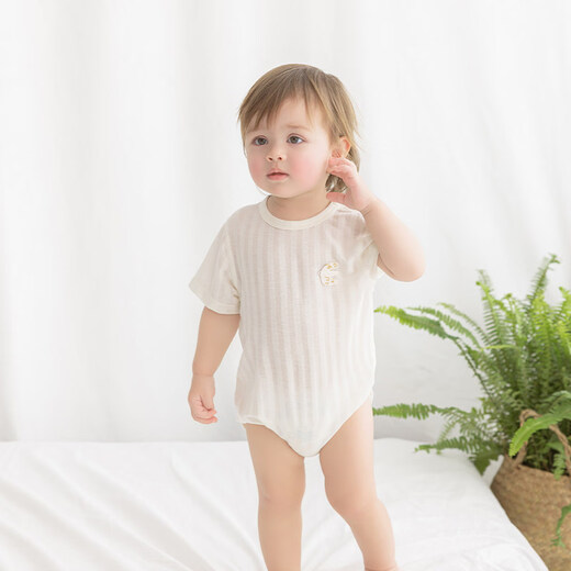 Wooden cotton Modal baby short-sleeved jumpsuit baby triangle hoodie stretchy rompers bag fart jacket summer thin section Ziyoulan 66cm