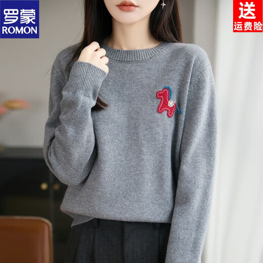 ROMON New Year's natal year cartoon pony age-reducing wool knitted top round-neck autumn and winter jacquard sweater to wear as a base to look slim New Year's red natal year embroidery L