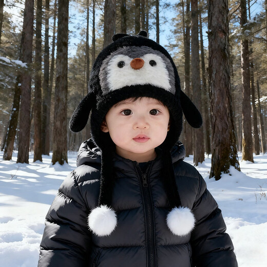 Jingqi Baby Hat Autumn and Winter Children's Plush Warm Ear Protection Hat Infant and Toddler Cute Cartoon Outing Plush Hat Black 48-52cm