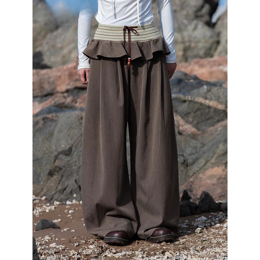 Hanoufei Nomad Series Saotome Keiko saotome Japanese retro ruffle knitted splicing wide-leg trousers brown low-waisted style S