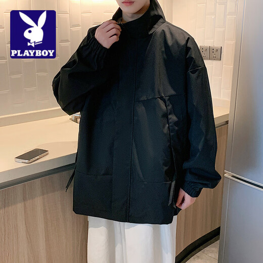 Playboy (PLAYBOY) Spring Jacket Men's Zipper Stand Collar Loose Trendy Casual Solid Color Versatile Windproof Spring and Autumn Men's Jacket Hoodless Black S