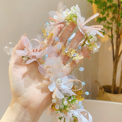 Bai Qixin Children's Crown Garland Headdress Hairpin Girl Hairband Wedding Spring Outing Flower Girl Birthday Headdress Fairy Performance Accessories Fruit Green Beaded Flower Streamer - One Size