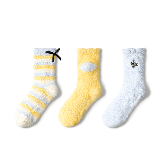 Pami Coral Fleece Socks Women's Spring and Summer Plush Thickened Warm Plush Home Floor Socks Postpartum Confinement Socks Mid-Tube Socks Yellow Stripe Combination - Pack of 3 Pairs One Size Warm Coral Fleece (Suitable for Sizes 36-39)