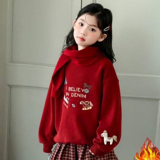 Wooden house girls' velvet sweatshirt suit autumn and winter 2026 foreign-style children's New Year all-in-one velvet winter thickened New Year greetings two-piece set red sweatshirt with scarf plus velvet 160