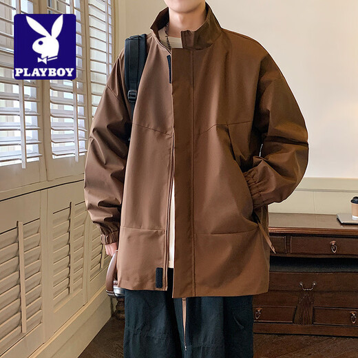 Playboy (PLAYBOY) Spring Jacket Men's Zipper Stand Collar Loose Trendy Casual Solid Color Versatile Windproof Spring and Autumn Men's Jacket Hoodless Black S